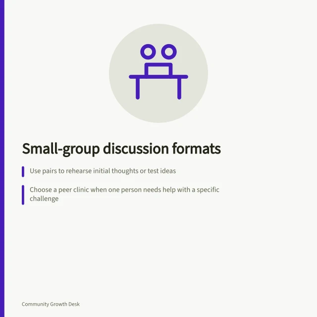 Small-group discussion formats: Use pairs to rehearse initial thoughts or test ideas; Choose a peer clinic when one person needs help with a specific challenge; Set clear output goals like next steps or unanswered questions. Choosing a small-group format for peer discussion