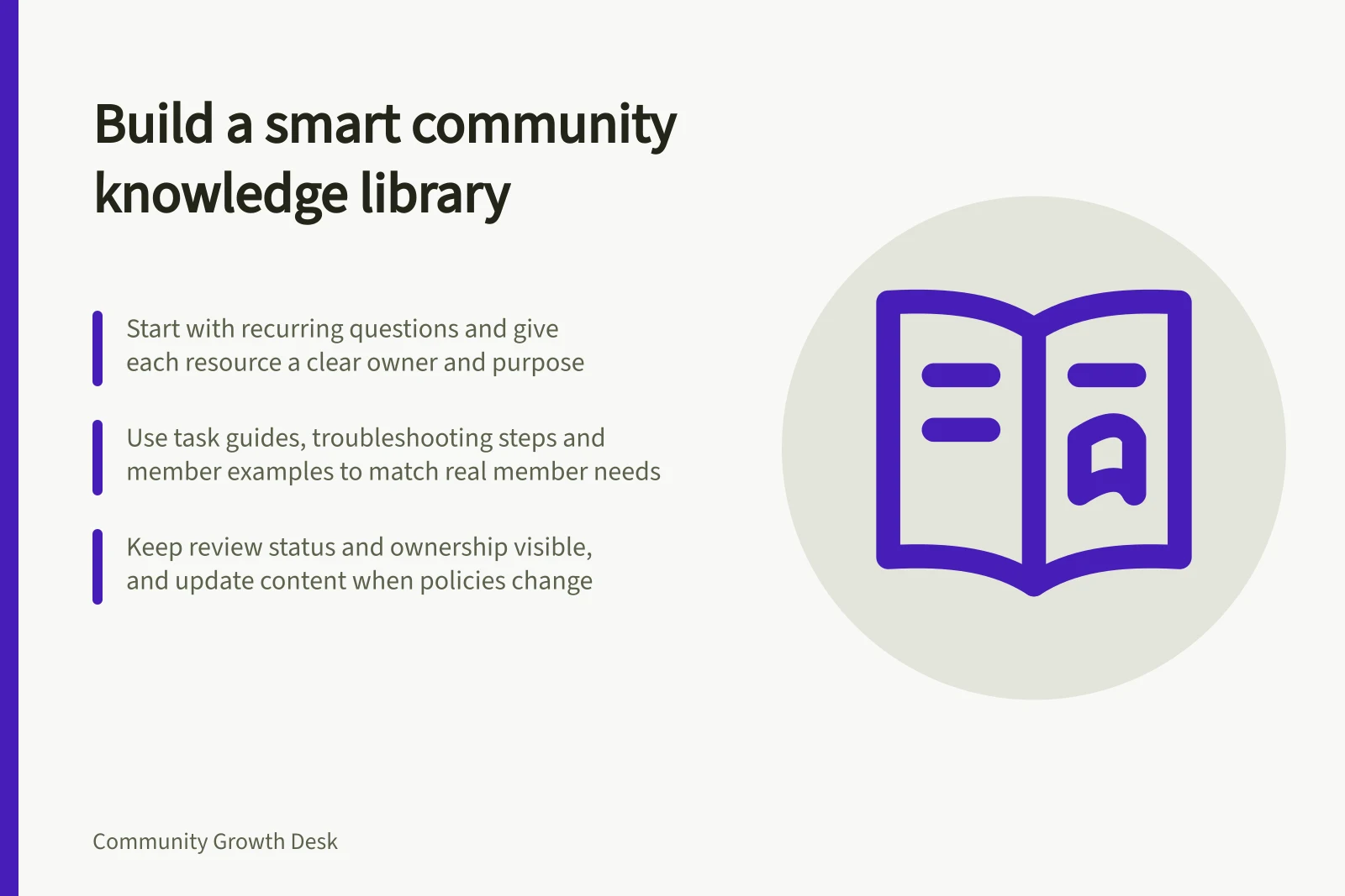 Build a smart community knowledge library: Start with recurring questions and give each resource a clear owner and purpose; Use task guides, troubleshooting steps and member examples to match real member needs; Keep review status and ownership visible, and update content when policies change