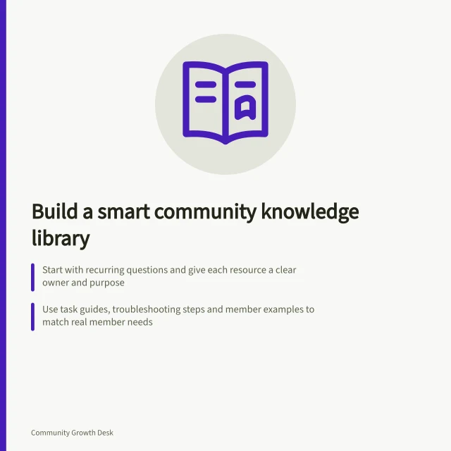 Build a smart community knowledge library: Start with recurring questions and give each resource a clear owner and purpose; Use task guides, troubleshooting steps and member examples to match real member needs; Keep review status and ownership visible, and update content when policies change. Community content and knowledge libraries