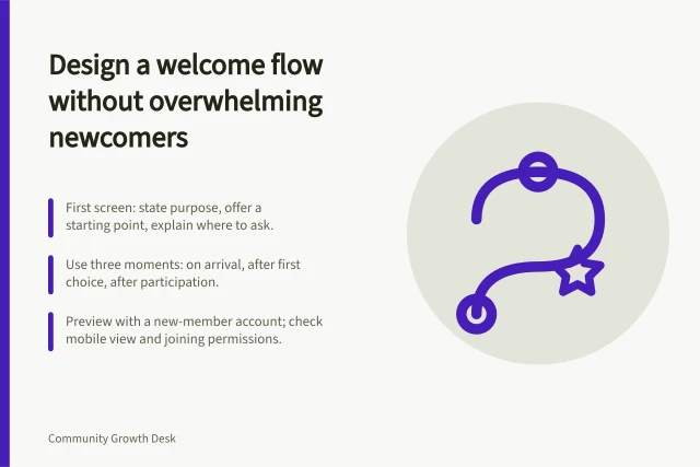 Design a welcome flow without overwhelming newcomers: First screen: state purpose, offer a starting point, explain where to ask.; Use three moments: on arrival, after first choice, after participation.; Preview with a new-member account; check mobile view and joining permissions. Designing a welcome flow without overwhelming newcomers