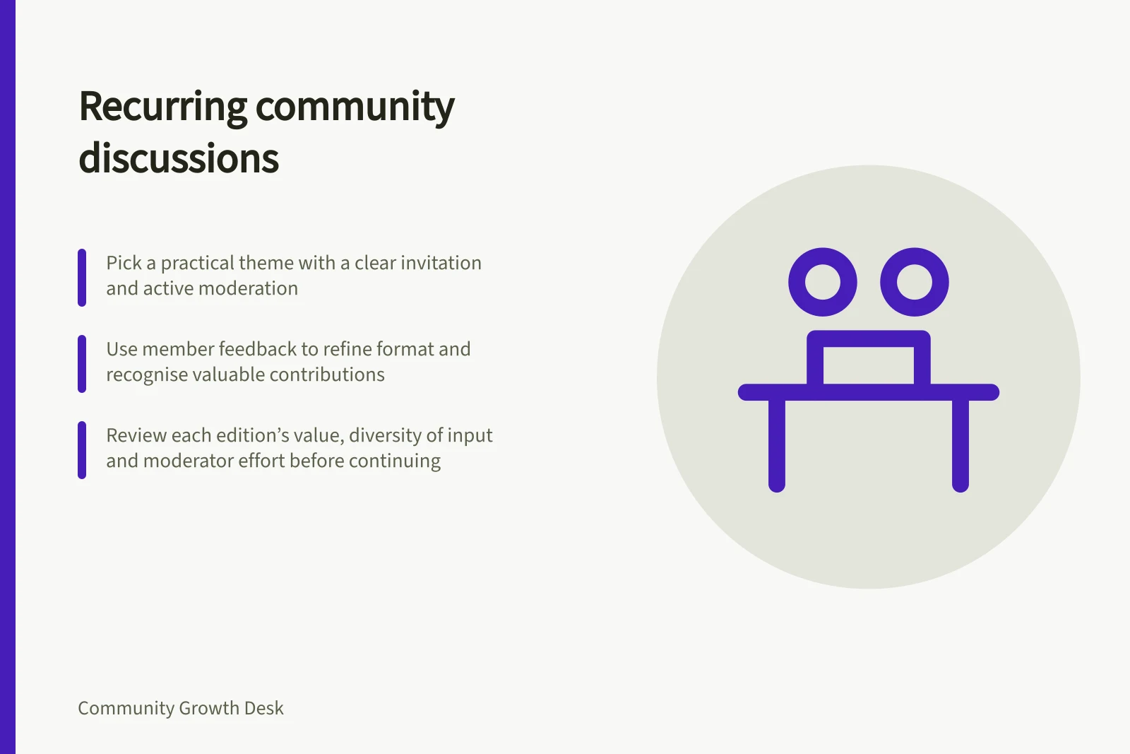 Recurring community discussions: Pick a practical theme with a clear invitation and active moderation; Use member feedback to refine format and recognise valuable contributions; Review each edition’s value, diversity of input and moderator effort before continuing