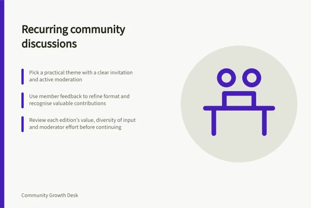 Recurring community discussions: Pick a practical theme with a clear invitation and active moderation; Use member feedback to refine format and recognise valuable contributions; Review each edition’s value, diversity of input and moderator effort before continuing. Designing recurring community discussions