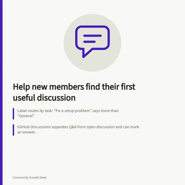 Help new members find their first useful discussion: Label routes by task: “Fix a setup problem” says more than “General”.; GitHub Discussions separates Q&A from open discussion and can mark an answer.; Test a recent member on a realistic task without coaching; note where they hesitate. Helping new members find their first useful discussion