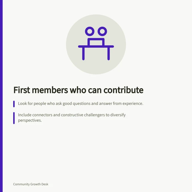 First members who can contribute: Look for people who ask good questions and answer from experience.; Include connectors and constructive challengers to diversify perspectives.; Check for missing customer journey stages and invite those views. Identifying the first members who can contribute