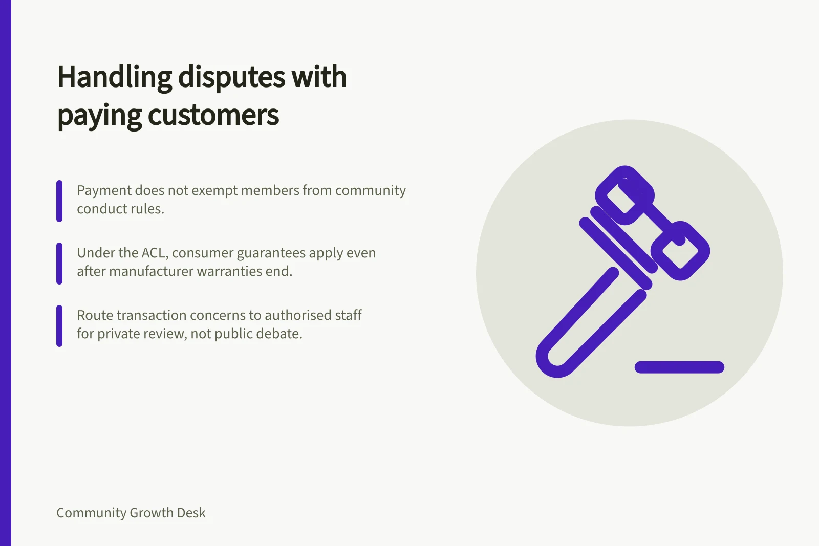 Handling disputes with paying customers: Payment does not exempt members from community conduct rules.; Under the ACL, consumer guarantees apply even after manufacturer warranties end.; Route transaction concerns to authorised staff for private review, not public debate.