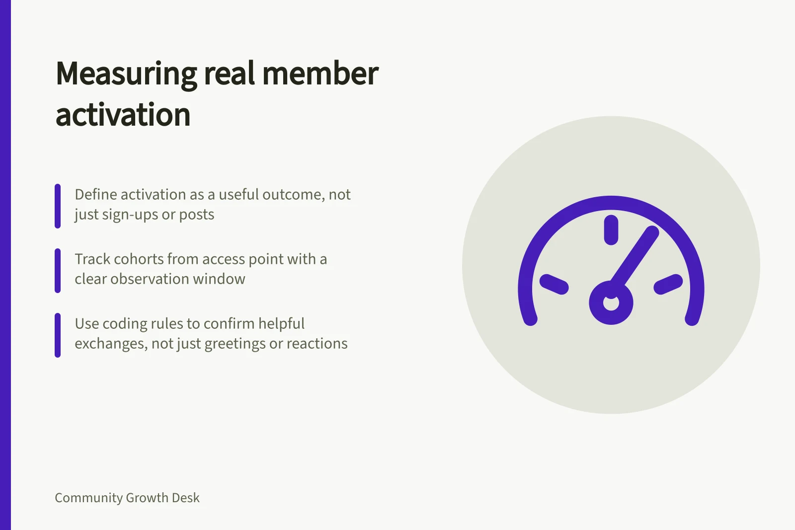 Measuring real member activation: Define activation as a useful outcome, not just sign-ups or posts; Track cohorts from access point with a clear observation window; Use coding rules to confirm helpful exchanges, not just greetings or reactions