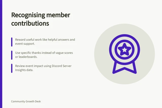 Recognising member contributions: Reward useful work like helpful answers and event support.; Use specific thanks instead of vague scores or leaderboards.; Review event impact using Discord Server Insights data. Member contribution and recognition