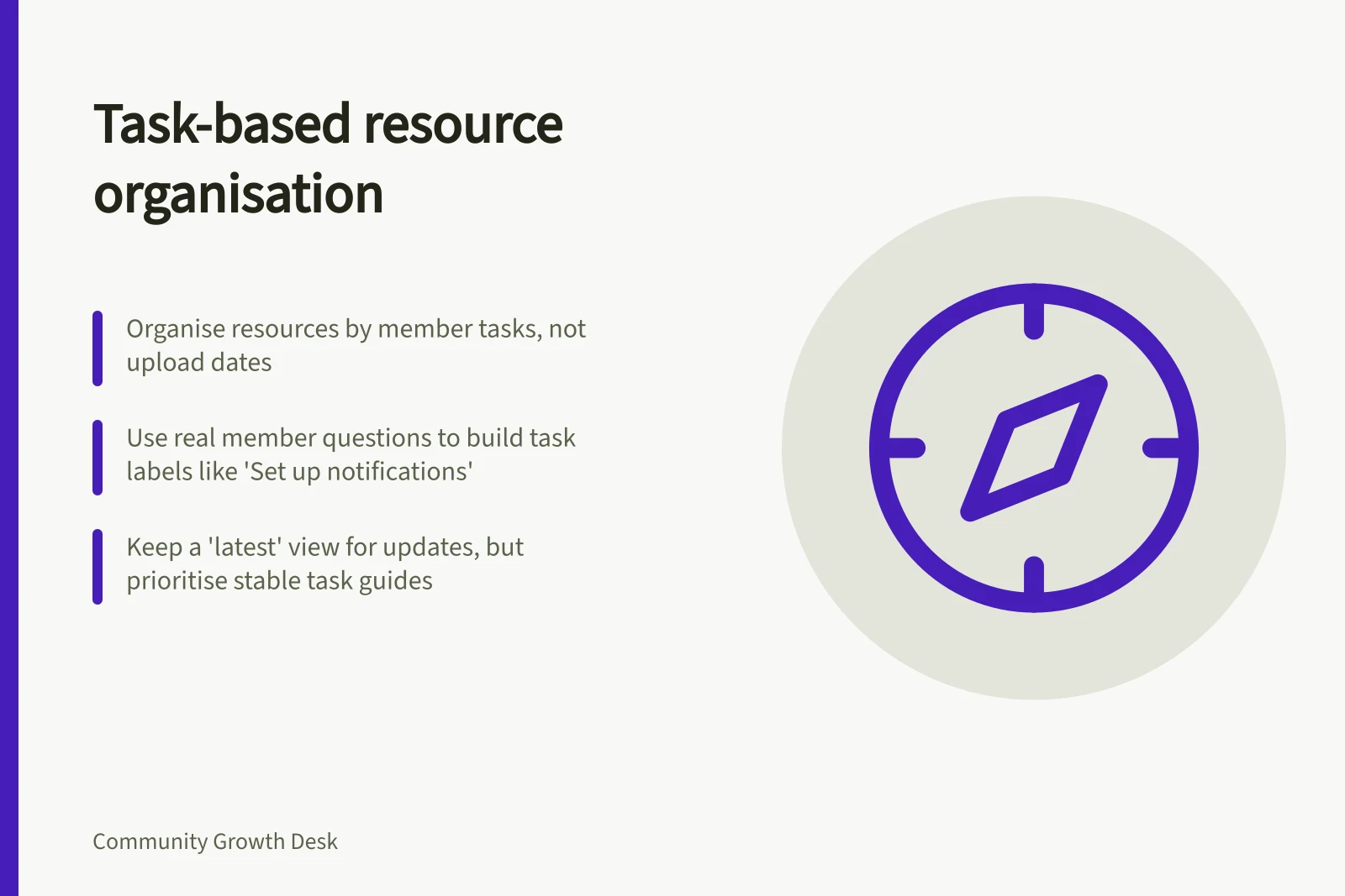 Task-based resource organisation: Organise resources by member tasks, not upload dates; Use real member questions to build task labels like 'Set up notifications'; Keep a 'latest' view for updates, but prioritise stable task guides