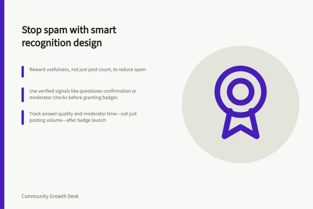 Stop spam with smart recognition design: Reward usefulness, not just post count, to reduce spam; Use verified signals like questioner confirmation or moderator checks before granting badges; Track answer quality and moderator time—not just posting volume—after badge launch. Preventing recognition systems from encouraging spam