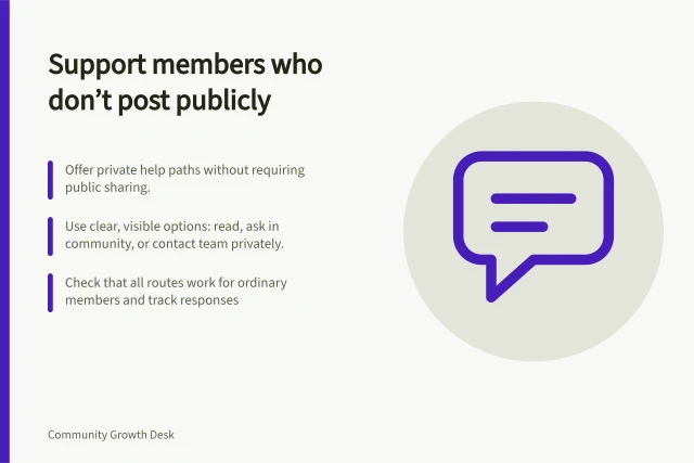 Support members who don’t post publicly: Offer private help paths without requiring public sharing.; Use clear, visible options: read, ask in community, or contact team privately.; Check that all routes work for ordinary members and track responses. Reducing barriers for members who do not post publicly