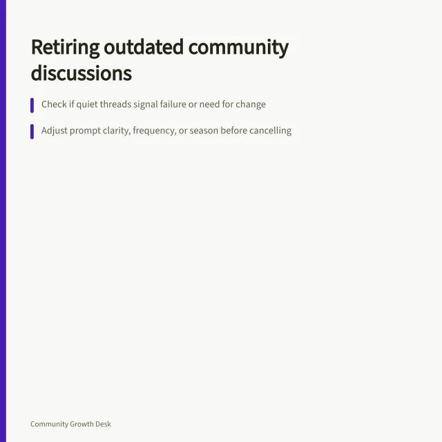 Retiring outdated community discussions: Check if quiet threads signal failure or need for change; Adjust prompt clarity, frequency, or season before cancelling; Publish a final note with useful insights and where to go next. Retiring recurring discussions that no longer help