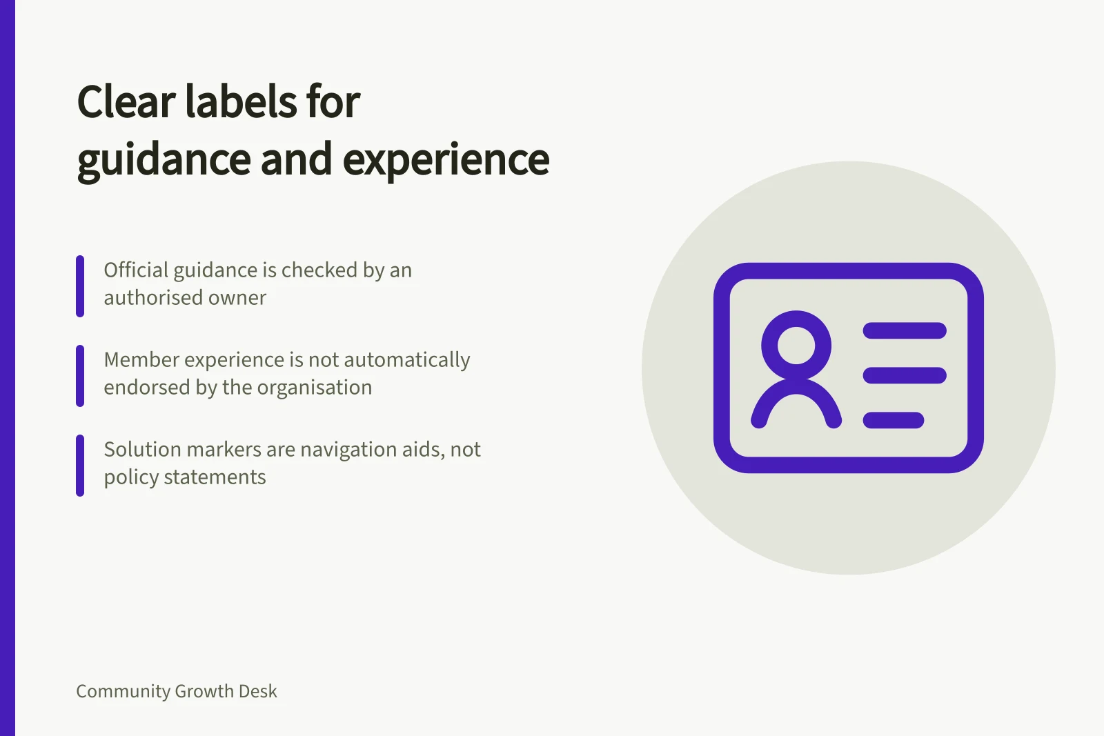 Clear labels for guidance and experience: Official guidance is checked by an authorised owner; Member experience is not automatically endorsed by the organisation; Solution markers are navigation aids, not policy statements