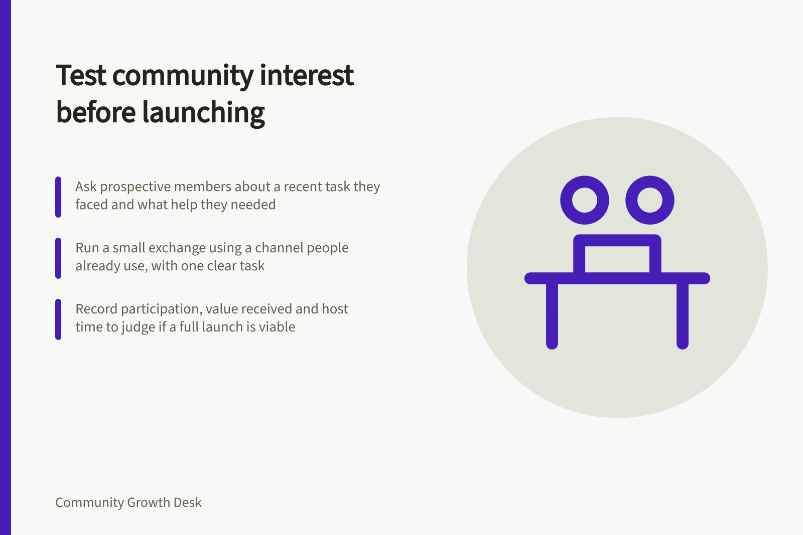 Test community interest before launching: Ask prospective members about a recent task they faced and what help they needed; Run a small exchange using a channel people already use, with one clear task; Record participation, value received and host time to judge if a full launch is viable