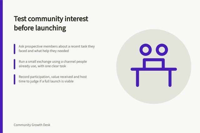 Test community interest before launching: Ask prospective members about a recent task they faced and what help they needed; Run a small exchange using a channel people already use, with one clear task; Record participation, value received and host time to judge if a full launch is viable. Testing interest before opening a new community