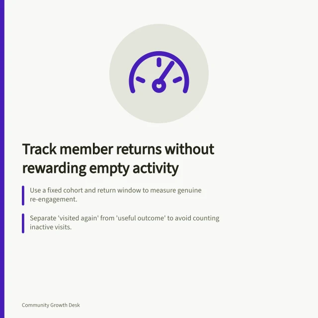 Track member returns without rewarding empty activity: Use a fixed cohort and return window to measure genuine re-engagement.; Separate 'visited again' from 'useful outcome' to avoid counting inactive visits.; Review sample returns to ensure they connect to members’ actual tasks. Tracking member return rates without rewarding empty activity