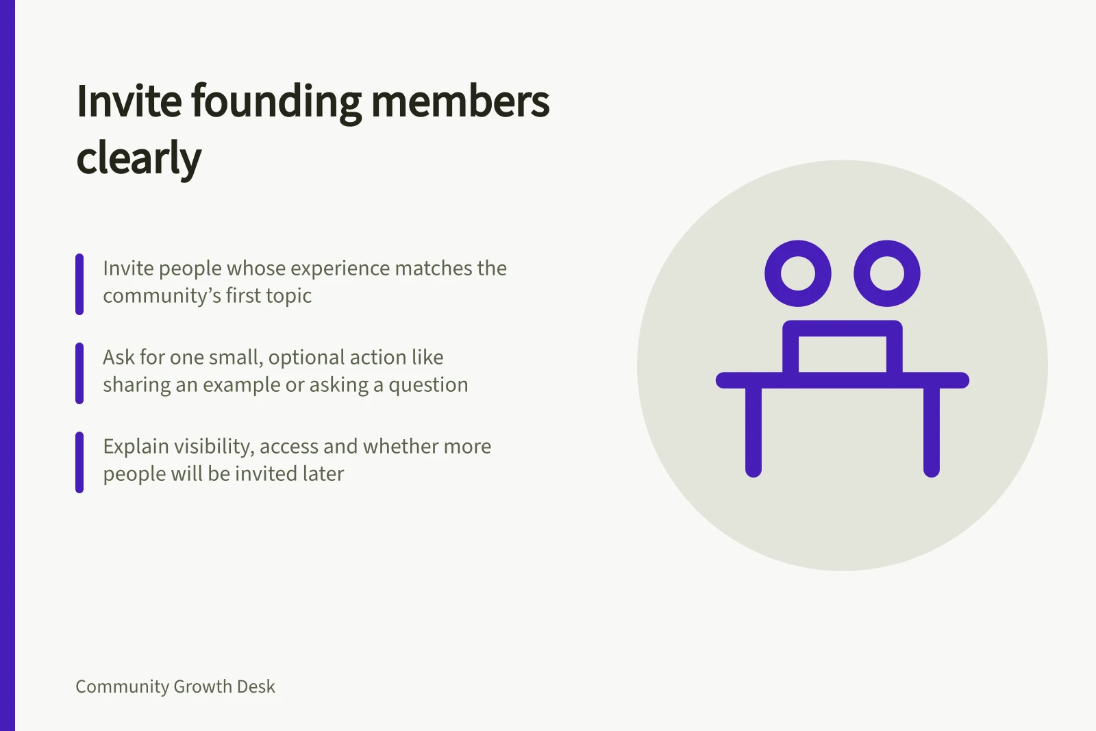 Invite founding members clearly: Invite people whose experience matches the community’s first topic; Ask for one small, optional action like sharing an example or asking a question; Explain visibility, access and whether more people will be invited later